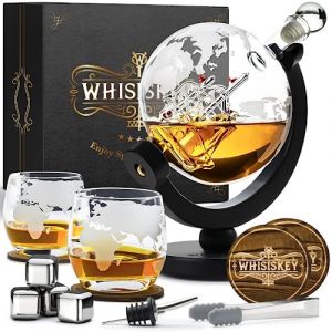 Whisiskey - Carafe Whisky – Globe – Carafe à Whisky – 900 ml - Coffret Cadeau Homme – Cadeau Noel - Avec 2x Verre a Whiskey, 4x Pierre à Whisky - Carafe Wisky, Transparent, Marron, Argent (AWEMOZ, neuf)