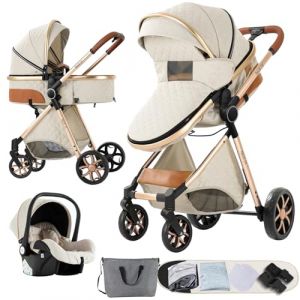 Nine point nine Poussette 3 en 1, Poussette Bebe avec Double Modes de Poussée Réversibles, Poussette Canne avec Grande Nacelle Confortable, Pousette avec Cadre Aluminium Haute Paysage (V9 CreamyWhite) (Kaiwen baby products, neuf)