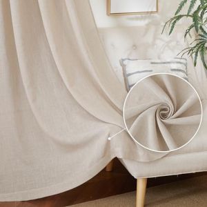 PONY DANCE Rideau Voilage Beige - Rideaux Salon Voile en Lin Draperies Demi Transparent D&eacute;coration de Maison Galon Fronceur, Largeur 140 cm sur Hauteur 210 cm, Beige, Lot de 2 (RYB HOME EU, neuf)