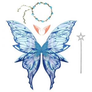 Aislor Femmes Ensemble Ailes De Papillon Baguettes Ailes De F&eacute;e Pour Adultes Oreilles D'elfe Enfant Ailes D'ange F&ecirc;te D'anniversaire Carnaval Cosplay Bleu Taille unique (Aislor EU, neuf)