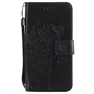 Coque Galaxy J3 2017/J330 [Avec Protecteur d'&eacute;cran en Verre Tremp&eacute;],Fatcatparadise(S&eacute;rie de chat et d'arbre) R&eacute;tro emboss Premium Flip Housse Coque Etui PU Cuir pour Samsung Galaxy J3 2017/J330(Noir) (Fatcatparadise, neuf)