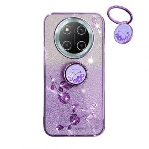 YUEQIAN Coque Paillettes pour Honor Magic 7 Lite 5G/Magic7 Lite/X9c, Tr&egrave;s Mince Transparent Doux TPU Silicone Antichoc Bling Housse, Mode Fleurs Anneau Support P&eacute;tillant Filles &Eacute;tui. Violet (YUEQIAN-EU, neuf)