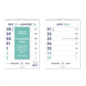 BREPOLS - 1 Calendrier à Feuillet Optivision (avec de gros chiffres et lettres) - 1 Semaine par Feuille - Décembre 2025 à Décembre 2026 - Format 21 x 29.7 cm (Papeterie Libellus, neuf)