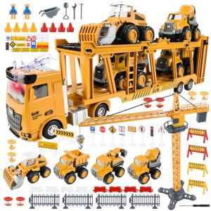FORMIZON Véhicules Construction Enfants, Camion Transporteur Voiture, Jouet de Camion de Transport Set avec Musique & Lampe, 4 Mini Véhicules de Chantier, Jouets Grue (Véhicule de Transport) (Ellencome Etrade, neuf)