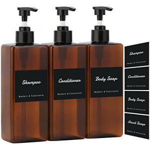Segus Bouteille Shampoing Vide, Distributeur Savon, 3 Pi&egrave;ces 500ml Flacon Pompe Vide, Distributeur Gel Douche avec &Eacute;tiquette Autocollant, Distributeur Savon Salle de Bain (Marron) (Segus, neuf)