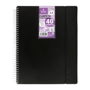 Starplast Quijote Paper World Classeur à spirale flexible avec 40 pochettes, transparent lisse, A4, couverture en plastique résistant, usage bureau, école, personnel - Couleur : noir. AC0012 (MaxiDescuento Market, neuf)