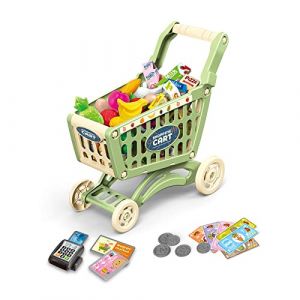 RedCrab Chariot de Courses Enfant, Ensemble de Jeu de Chariot de Courses Comprenant 54 Pièces Produits D'épicerie, Goûter, Fruits, Légumes, Accessoires de Magasin Cadeau de Jouet Éducatif(Vert) (RedCrab -EU, neuf)