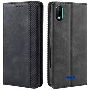 HualuBro Coque pour Wiko Y60, Etui Housse à Rabat en Retro PU Cuir Flip Leather Case Cover Antichoc Portefeuille Protection Stand Coque pour Wiko Y60 2019 (Noir) (HualuBro EU, neuf)