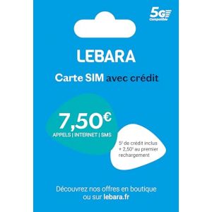 Carte Sim prépayée Lebara incluant 7,50E de crédit (5E + 2,50E offerts) – Appels, SMS et internet en France et à l’international à prix réduits. (TOPENGO, neuf)