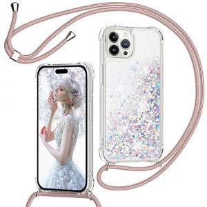 TUUTPU Coque pour iPhone 15 Pro Max 6,7'' avec Cordon, Paillette Liquide &Eacute;tui pour T&eacute;l&eacute;phone avec Lani&egrave;re, Transparent Silicone Collier R&eacute;glable Protection Housse Portable Lanyard Case, Or Rose (TUUTPU, neuf)