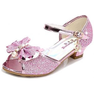 YOGLY Sandales Ceremonie Fille, Chaussure &agrave; Talon Enfant Ballerine Princesse avec Paillettes Princesse Chaussures &agrave; Talons Hauts Enfants Party Pompes,38 EU,Rose (EVERY, neuf)