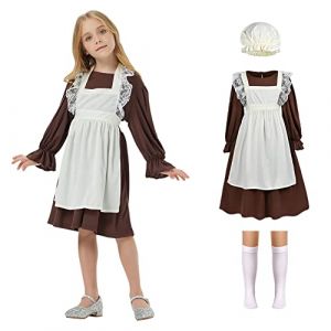 Aomig Fille Robe de Princesse, 4PCS Robe Victorienne Enfant, Déguisement de fille victorienne pour enfant pour Cosplay Mariage Carnaval Fête d'anniversaire,Brun (S) (Yadark, neuf)