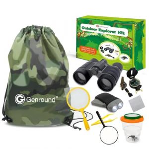Kit Explorateur Enfant, Jouets Cadeaux Pour Enfants 3-10 Ans Garçons Filles - Jumelles, Jampe de Poche, Boussole, Sifflet, Loupe, Pincette, Visionneuse d'insectes, Camouflage Sac à dos, Belle boîte (AEJOK Direct, neuf)