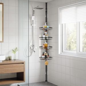 QIUFEN Étagère Salle de Bain Télescopique Etagère de Douche d'angle Sans Perçage, Etagères de Rangement de Salle de Bain avec 4 Paniers pour Salle de Bain, Réglable en Hauteur 73 à 302cm(Noir) (TammZ, neuf)