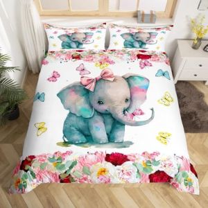 Homewish Housse de Couette 140x200 Éléphant Filles, Parure de Lit Animal Mignon pour Chambre d'enfant, Ensemble de Literie Papillon Floral, Housse Couette Éléphant Kawaii, Coloré, 2 Pièces (Suzhou yiyanyun e-commerce Co., Ltd, neuf)