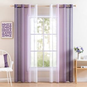 MIULEE Rideau Voilage Lot de 2 Rideaux D&eacute;grad&eacute; &agrave; Oeillet Voilages Int&eacute;rieur Fen&ecirc;tre en Polyester Couleur Chang&eacute;e Voile Transparent D&eacute;cor pour Salon Chambre Bureau Blanc avec Violet 140x122 CM (MIULEE HOME, neuf)