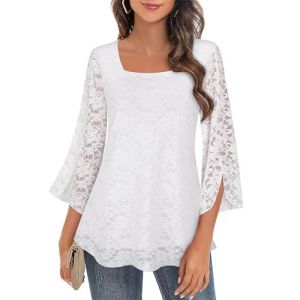 Syphiby Chemisier à volants à manches 3/4 pour femme - Haut ample et fluide en mousseline de soie - Double couche - Tailles M-3XL, Blanc dentelle, S (ACDAY, neuf)