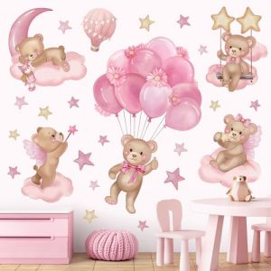 wondever Stickers Muraux Ourson Ballons Rose Autocollants Muraux Mural Stickers Ours Endormis Nuages Étoile pour Chambre Fille Bébé Pépinière (Wondever EU, neuf)