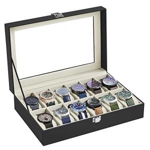 SONGMICS Boîte à Montres à 12 Emplacements, Coffret à Montres, Écrin, Couvercle en Verre, Coussinets Amovibles, Serrure en Métal, Revêtement en Noir et Doublure en Beige Verdâtre JWB12BE (SONGMICS HOME FR, neuf)