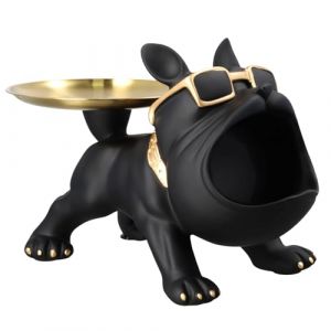Bouledogue Français Statue avec 2 Plateaux, Plateau de Décoration de Bouledogue Français en Résine Bas Antidérapant, Statue Noire, Bouledogue Français Chien Statue pour Conteneur Clé pour Couloir (Laukra special SIA, neuf)