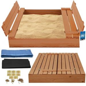 KOTARBAU® Bac à sable avec couvercle - 100 x 100 cm - Marron - Grand bac à sable en bois avec banc et couvercle - Jouet de jardin pour enfants imprégné et refermable avec bancs (KOTARBAU, neuf)