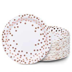 Lot de 100 assiettes jetables en carton blanc et or rose, &agrave; pois, 22,9 cm (MATICAN, neuf)
