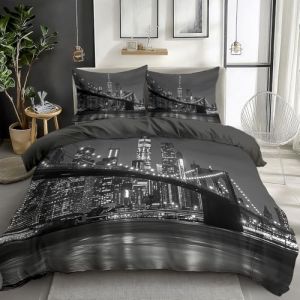 Parure de Lit Réversible avec Motif à Pont de Brooklyn New York Housse de Couette 90 x 190 cm 1 Personnes et 1 x Taies d'oreiller 65x65 cm Adulte Enfant Gris foncé Housse de Couette Set (CozyHome Shop, neuf)