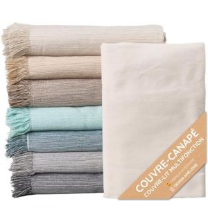 Couvre-lit multi-usages; Plaid Sofa, Plaid Foulard, Couvre-canapé, Foulard pour canapés en coton et autres fibres. Fabriqué en Espagne. Housses de canapé (Écru uni 01, 180x260cm.) (Jarapa Home, neuf)