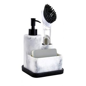 ZCCZ Distributeur Liquide Vaisselle avec Porte-&Eacute;ponge et Brosses, Savon Cuisine, Buse Alliage Zinc, Plateau Amovible, Rangement Complet pour &Eacute;ponges et Accessoires, Porte Savon Pratique, Blanc (ZCCZ FR, neuf)