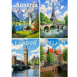 JISHSHAY 4 Pi&egrave;ces Ville Diamond Painting Rond Paysage Diamant Painting Perle Ronde Autriche Broderie Diamant Paris Bricolage Adulte London Kit Broderie Hollande Puzzle Adulte Point de Croix 30&times;40 cm (PUTIBUTUI-EU, neuf)