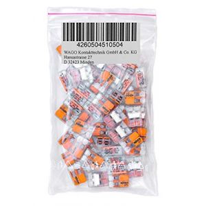 WAGO Lot de 50 bornes de connexion 2 fils avec levier 0,2-4 mm de petite forme transparente 221-412 (Tymds, neuf)