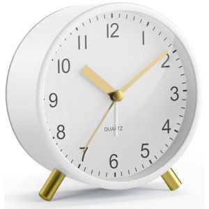 Jisile R&eacute;veil analogique silencieux sans tic-tac, horloge de chevet classique en m&eacute;tal avec veilleuse et grand affichage, r&eacute;veil &agrave; piles pour chambre &agrave; coucher, enfants, personnes &acirc;g&eacute;es (blanc) (Jisile, neuf)
