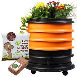 WORMbox | Lombricomposteur 3 Plateaux Orange + Jardinière + 250gr de vers de Compost + 1 Bloc Coco | 48 litres | Compostez Vos déchets organiques, Les vers de Terre/lombrics/lombricompost (Ferme du Moutta, neuf)
