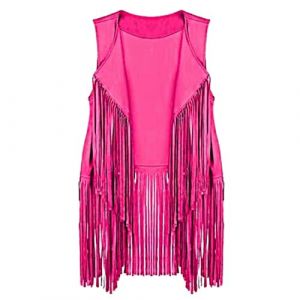 BrightGlow Gilet à franges pour femme - Gilet sans manches années 70 - Vintage - Veste hippie - Gilet long avec pompons - Gilet à franges - Gilet hippie - Gilet pour femme - Costume hippie - Taille S, (BrightGlowSH, neuf)