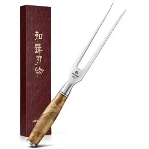 HEZHEN Fourchette à Découper Acier Inoxydable-Fourchette à Trancher Viande Barbecue-Manche en Bois de Sycomore Figuré (HEZHEN, neuf)