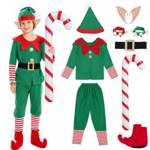Costume Lutin de Noël Enfant, Costume d'Elfe de Noël pour Garçon, Deguisement Lutin Noels avec Oreilles de Elfe, Béquilles Gonflables et Bracelet, Tenue Costumes d'Elfe pour Filles et Garçons (130) (Tuanlg, neuf)
