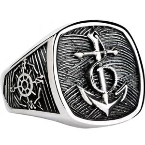 VOYADE Bague En Acier Inoxydable Boussole Ancre Viking, Chevali&egrave;re Ancre Nordique Pour Homme Bague Boussole Marine,Argent,11 (fengjinping youth, neuf)