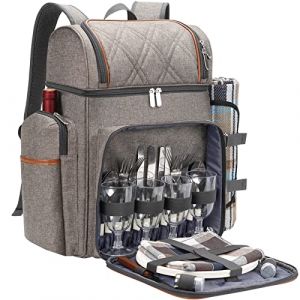 Sac à dos de pique-nique pour 4 personnes, panier de pique-nique, sac de pique-nique étanche avec pochette isotherme pour vin, couverture de pique-nique, sac à dos de pique-nique à double étage pour (Twentynexteu, neuf)
