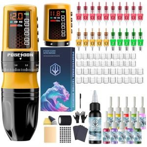 Kit Machine à Tatouer Sans Fil POSEIDON - 7 Réglages de Course, Deux Batteries 1800 mAh, Modes Normal et Pointillé & Écran LED - Appareil Sans Fil de Tatouage Professionnel pour Débutants (UP Tattoo Supply, neuf)