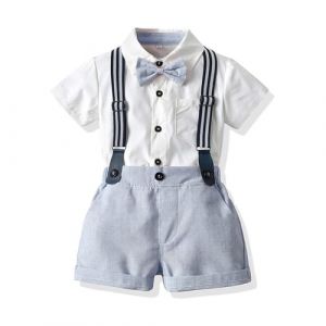 Volunboy B&eacute;b&eacute; Gar&ccedil;on Ensemble Costume, Manches Courtes Noeud Papillon Chemise avec Short Bretelle Barboteuse（Bleu Clair Blanc，9-12 mois，Taille 70） (Volunboy, neuf)