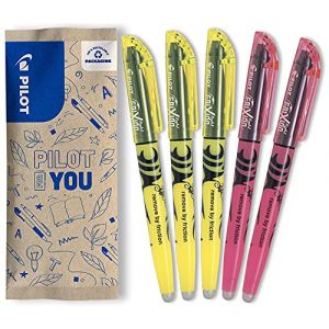 PILOT - Lot de 5 Frixion Light - Surligneurs effa&ccedil;ables aux couleurs fluos - 3 Jaune, 2 Roses - Pointe biseaut&eacute;e pour trac&eacute; fin ou plus large (LAZERJET, neuf)
