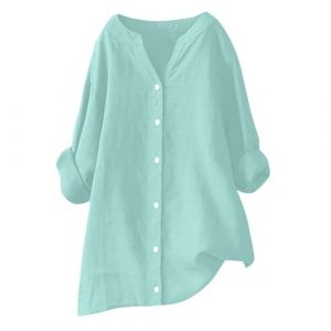 RLEHJN Chemise Femme Lin Tunique Femme Longue Chemisier Coton Et Lin Pour Femmes Col En V Bouton Manche Longue Tops Couleur Unie L&acirc;che Respirant Tunique Grande Taille Pas Cher Chemise De Travail Ample (⭐⭐⭐⭐⭐RLEHJN, neuf)