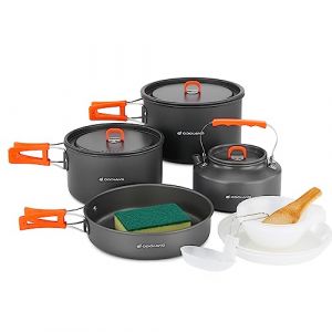 Odoland Set de Casseroles de Camping 15 Pièces, Set de Vaisselle Outdoor avec 2 Casseroles, Poêle à Frire et Bouilloire, Kit de Casseroles en Aluminium pour Outdoor Pique-Nique, 4-5 Personnes (Aveka, neuf)