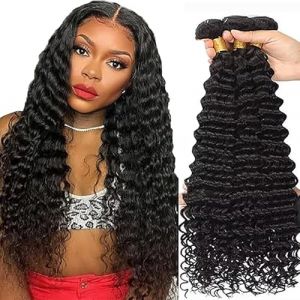 Tuheerst Deep Wave Human Hair Bundles Tissage Bresilien en lot Cheveux Humain Natural Black Human Hair Extensions 3 Bundles Tissage Cheveux Naturels Double Weft Remy Hair 26 26 26 Pouce (QC Hair, neuf)