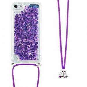 Collier Coque pour iPod Touch 5 / iPod Touch 6/7,Glitter Paillette Brillante Quicksands Liquide Transparente Silicone TPU Case Housse avec Cordon Collier Tour de Cou pour iPod Touch 5,GS Zi Heart (LEMAXELERS, neuf)