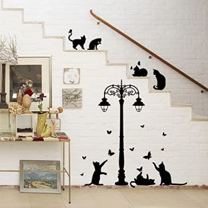 SUPERDANT Noir Chat Stickers Muraux Silhouette Lampadaires Papillon Sticker Mural Décoration Murale Amovible Art Vinyle Porte Autocollant Papier Peint pour Chambre Salon Maison Autocollants Décoratifs (SUPERDANT EU, neuf)