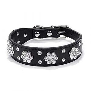 haoyueer Collier pour chien avec strass - Jolie fleur et strass - Collier en cuir synthétique - Réglable - Tailles S, M et L - Noir (haoyueer-uk, neuf)