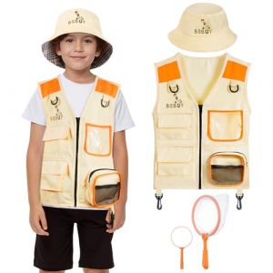 BSBUY Kit de Exploration Enfant, 4Pcs Kit de Aventurier Extérieur avec Gilet de Safari, Chapeau, Filet à Papillon, Loupe, Équipement de Explorateur Extérieur, Cadeau de Jouets Exploration pour Enfant (BSBUY, neuf)