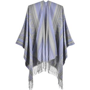 Shmily Girl Élégant Poncho Chaud et Ouvert Châle Cape Epais pour Automne Hiver - Femme (One Size, Applique Bande Verticale Pompon/Bleu Clair) (Shmily lady, neuf)