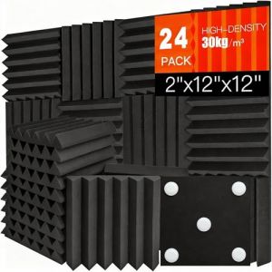 Lot de 24 panneaux acoustiques autocollants en mousse acoustique pour studio, bureau, traitement acoustique - Noir - 2 x 12 x 12 cm (Saiqiang, neuf)